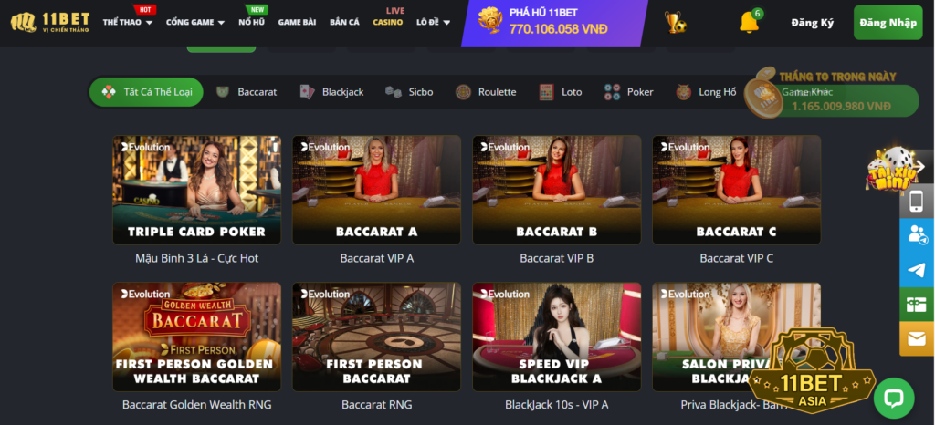 Sảnh casino online hấp dẫn tại 11bet